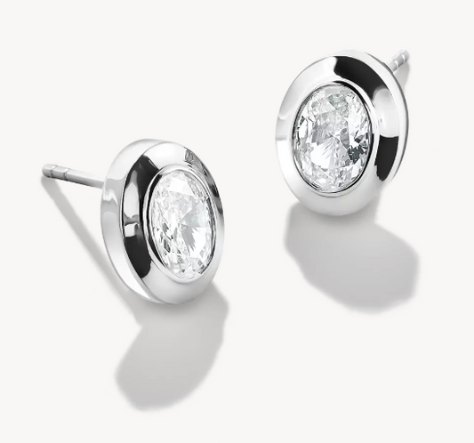 Silver Oval Stud Earrings with Zirconia Stones