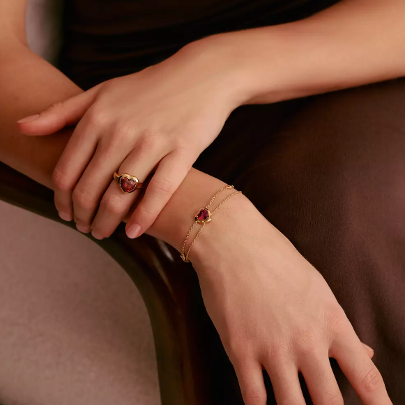 18ct Gold on Silver Two-Row Bracelet with Red Heart Stone Elyndra