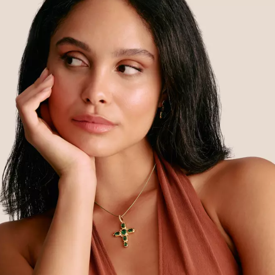 Thomas Sabo 18ct Gold on Silver Cross Pendant with Green Zirconia Stones