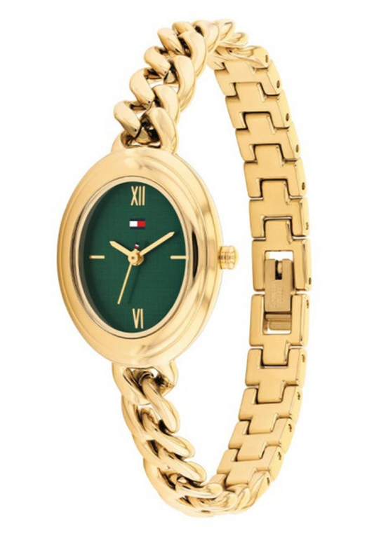 TOMMY HILFIGER GREEN OVAL DIAL LADIES GOLD STAINLESS STEEL WATCH