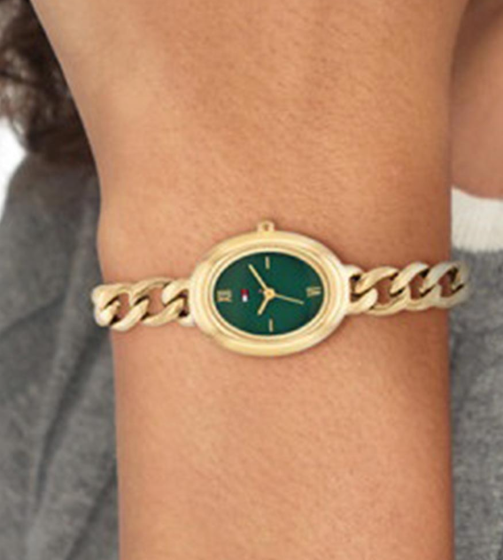 TOMMY HILFIGER GREEN OVAL DIAL LADIES GOLD STAINLESS STEEL WATCH