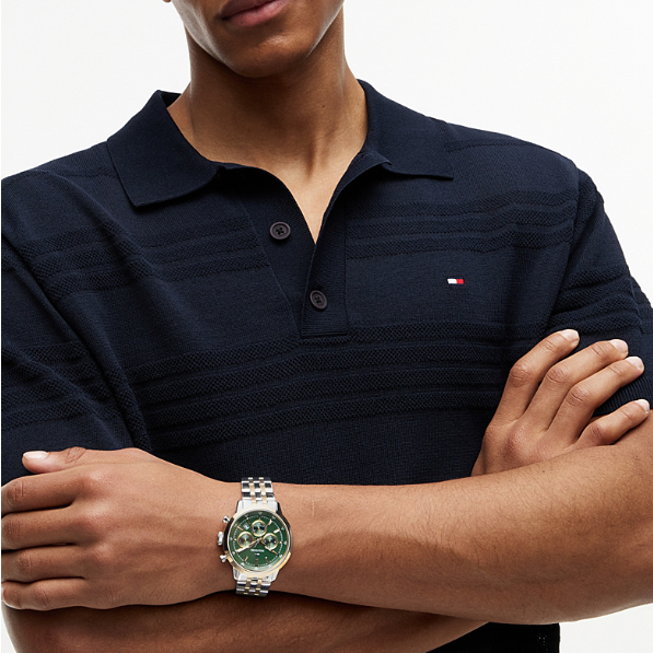 TOMMY HILFIGER GREEN CHRONO GENTS TWO-TONED STAINLESS STEEL WATCH