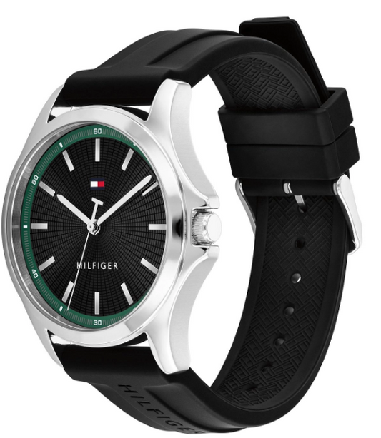 TOMMY HILFIGER BLACK/GREEN DIAL GENTS BLACK SILICONE WATCH