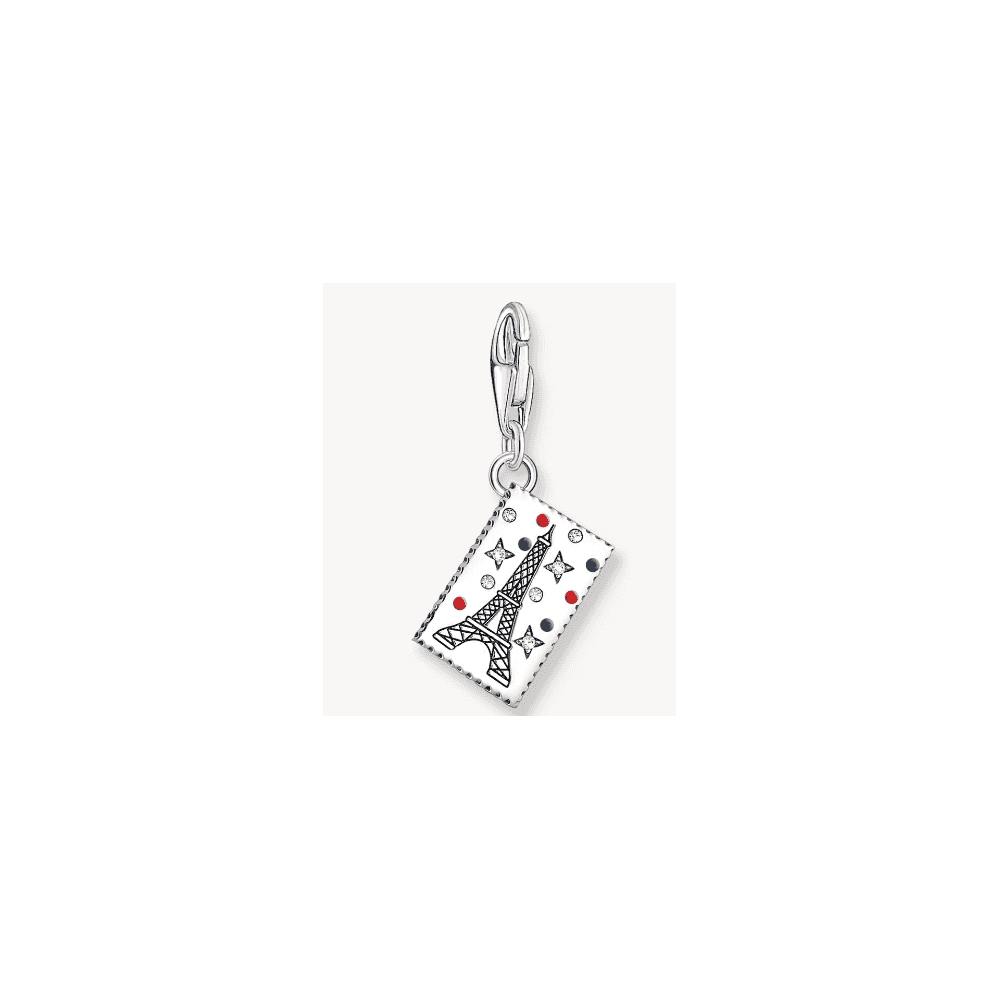 Silver charm pendant in stamp design with Eiffel Tower