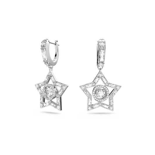 Stella drop earrings, Mixed cuts, Star, White, Rhodium plated
