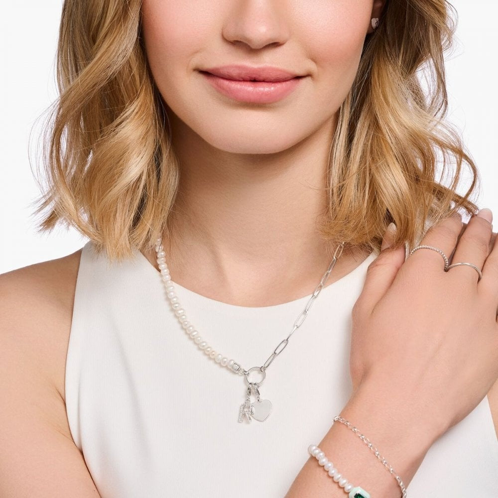Sterling Silver Charm Necklace with White Pearls and Coin