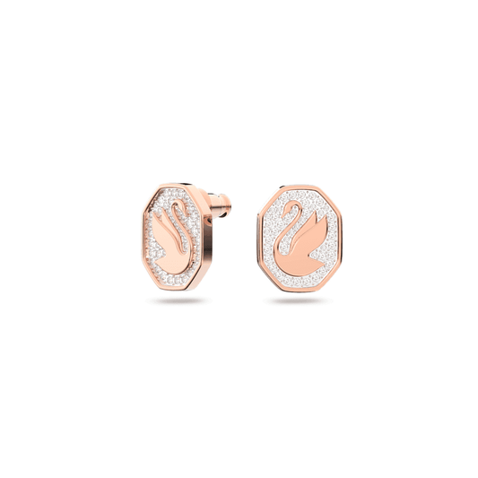 Swan stud earrings, Octagon shape, Swan, White, Rose gold-tone plated