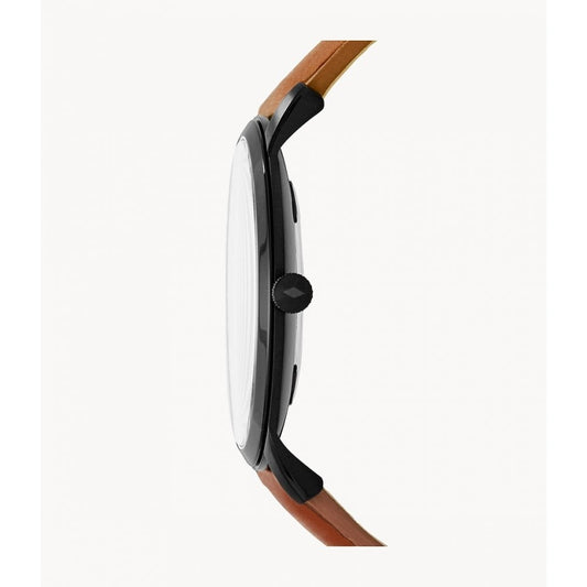 THE MINIMILAST BLACK STAINLESS STEEL GENTS WATCH WITH BROWN LEATHER STRAP