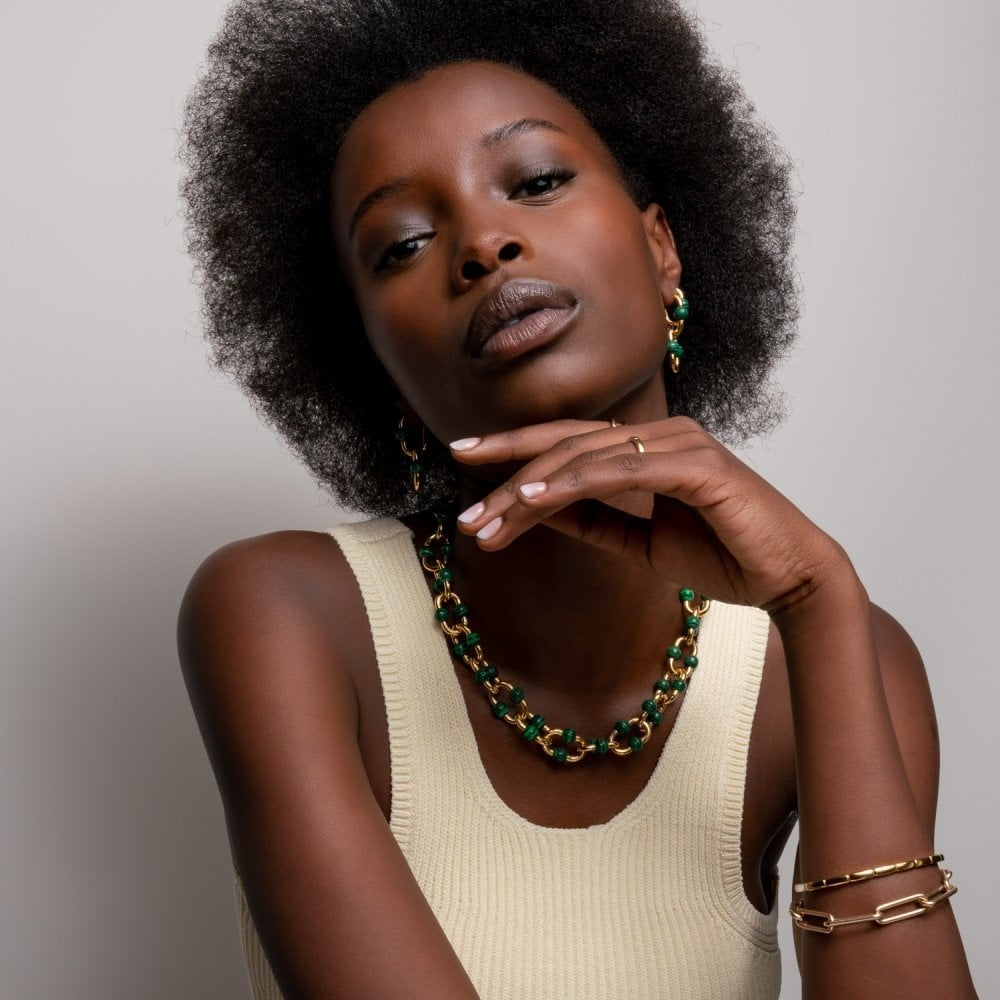 TISENTO GOLD ON SILVER MALACHITE HOOP EARRINGS