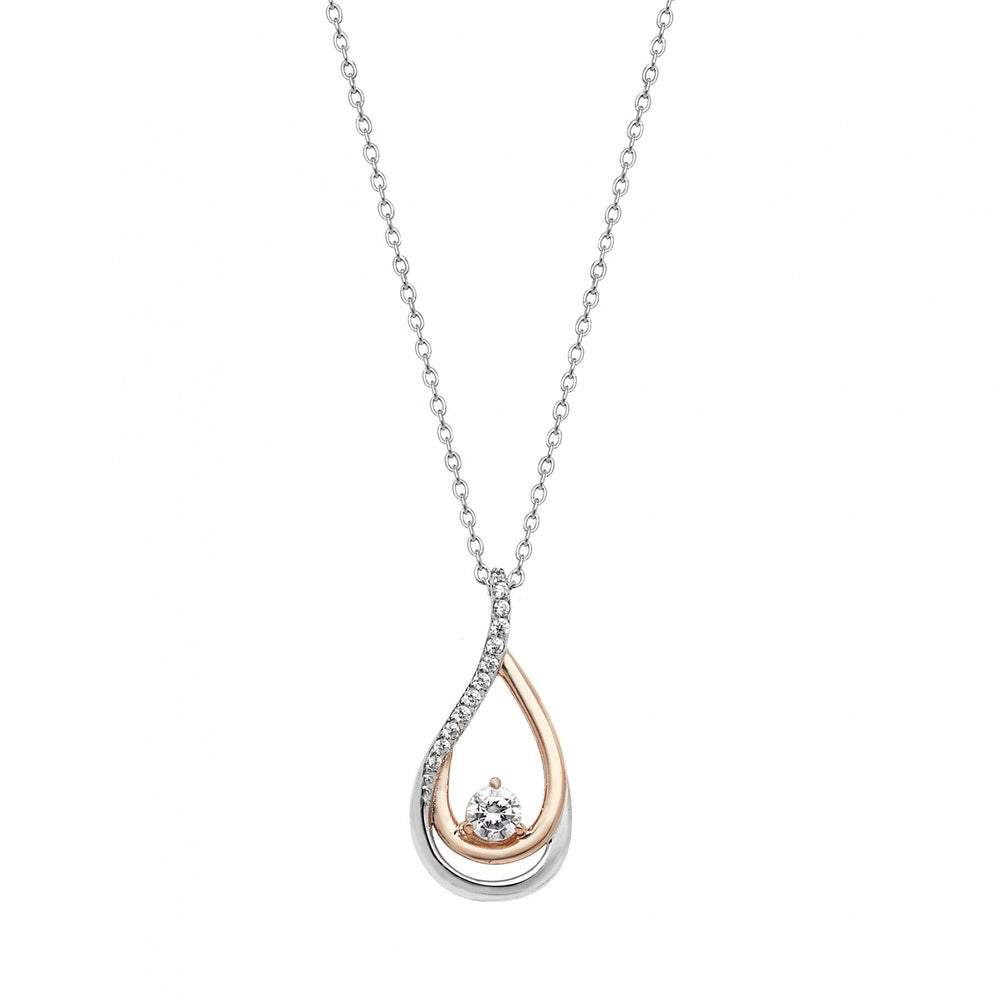 TWO TONE ROSE GOLD ON SILVER & STERLING SILVER CUBIC ZIRCONIA TEAR SHAPED NECKLACE