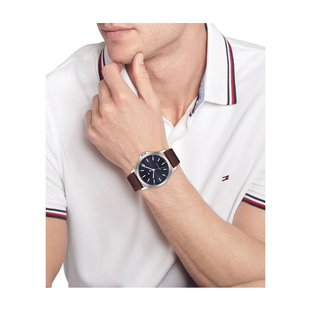 Tommy Hilfiger Men's Bruce Brown Leather, Navy Dial Stainless Steel Watch