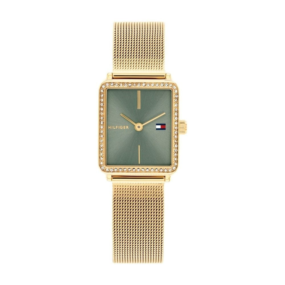 Tommy Hilfiger Square Green Dial Ladies Gold Mesh Bracelet Watch