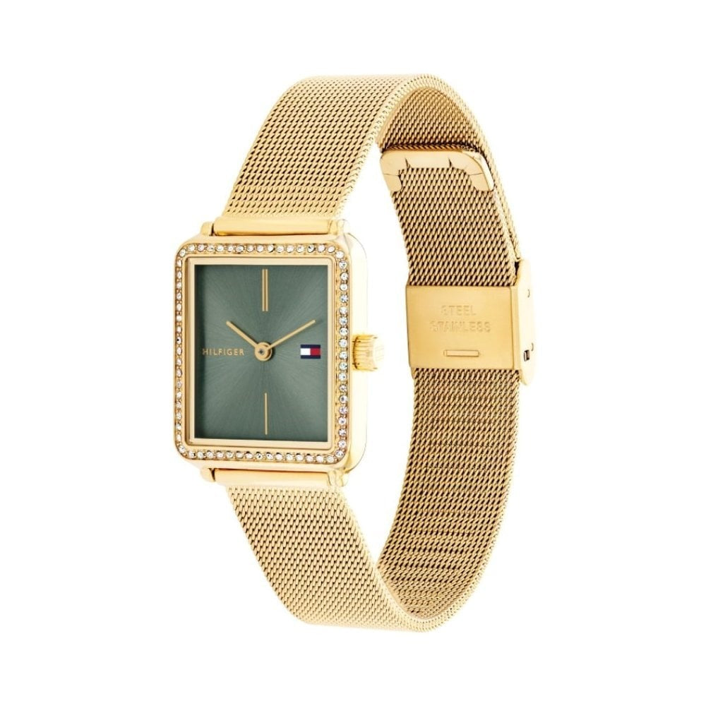 Tommy Hilfiger Square Green Dial Ladies Gold Mesh Bracelet Watch