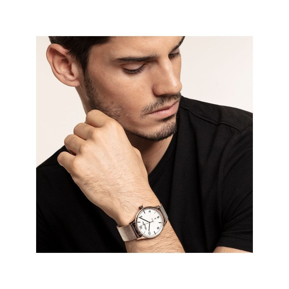 UNISEX "CODE TS" RECTRO ROSE GOLD WATCH, ROSE GOLD COLOURED MESH BRACELET & CASE, WHITE DIAL WITH ROSE GOLD INDICES, FLAT CASE & SLENDER BRACELET