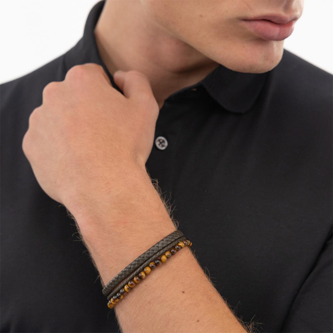 BOSS TIGER EYE LAYERED BROWN LEATHER BRACELET