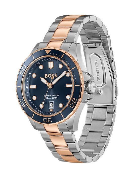 BOSS BLUE DIAL GENTS ROSEGOLD TWO-TONED WATCH