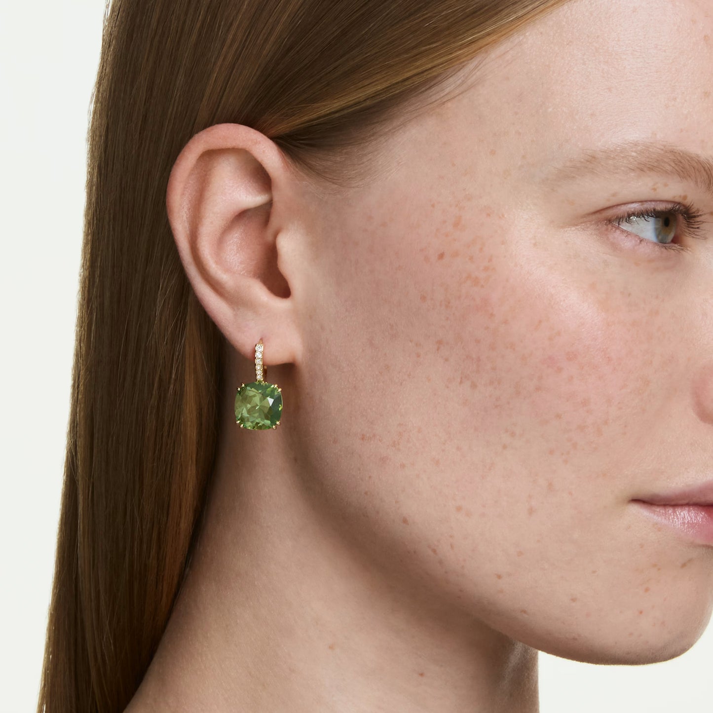 Gold Millenia Green Cushion Cut Swarovski Drop Earrings