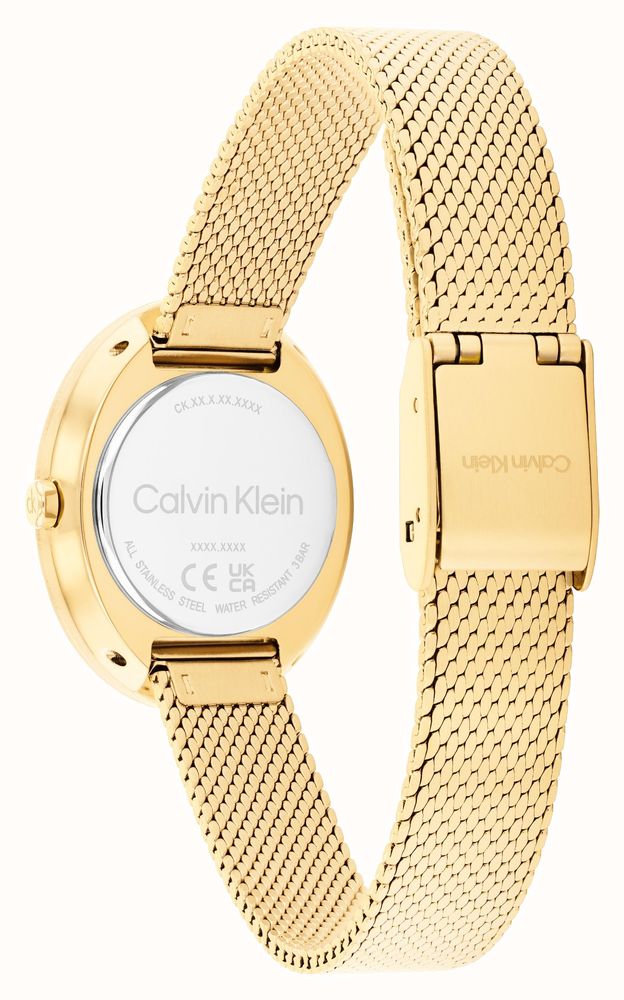 CALVIN KLEIN GREEN OVAL DIAL LADIES GOLD MESH WATCH