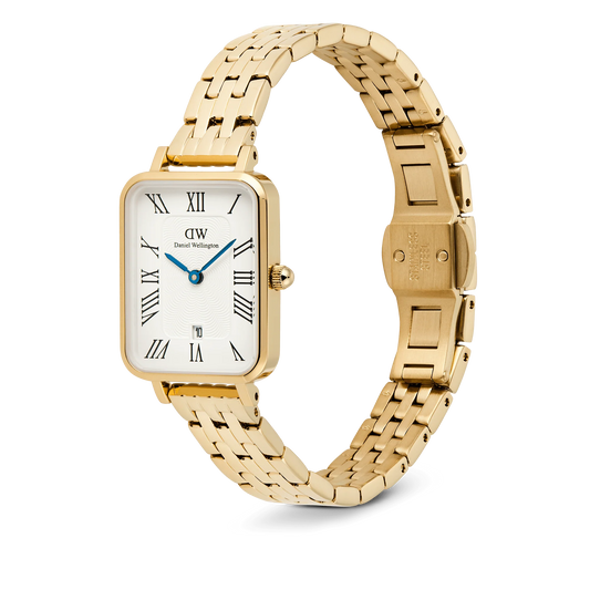DANIEL WELLINGTON QUADRO ROMAN NUMERALS WHITE DIAL WITH DATE LADIES GOLD STAINLESS STEEL WATCH