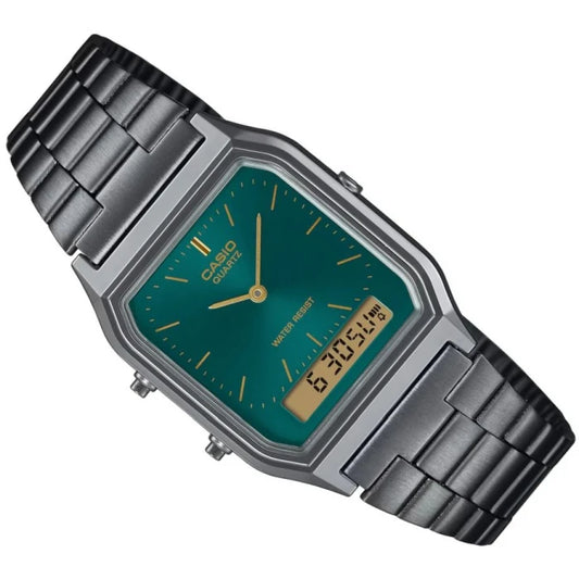 Casio Unisex Retro Vintage Dark Green Sunray Dial Gun Metal Watch