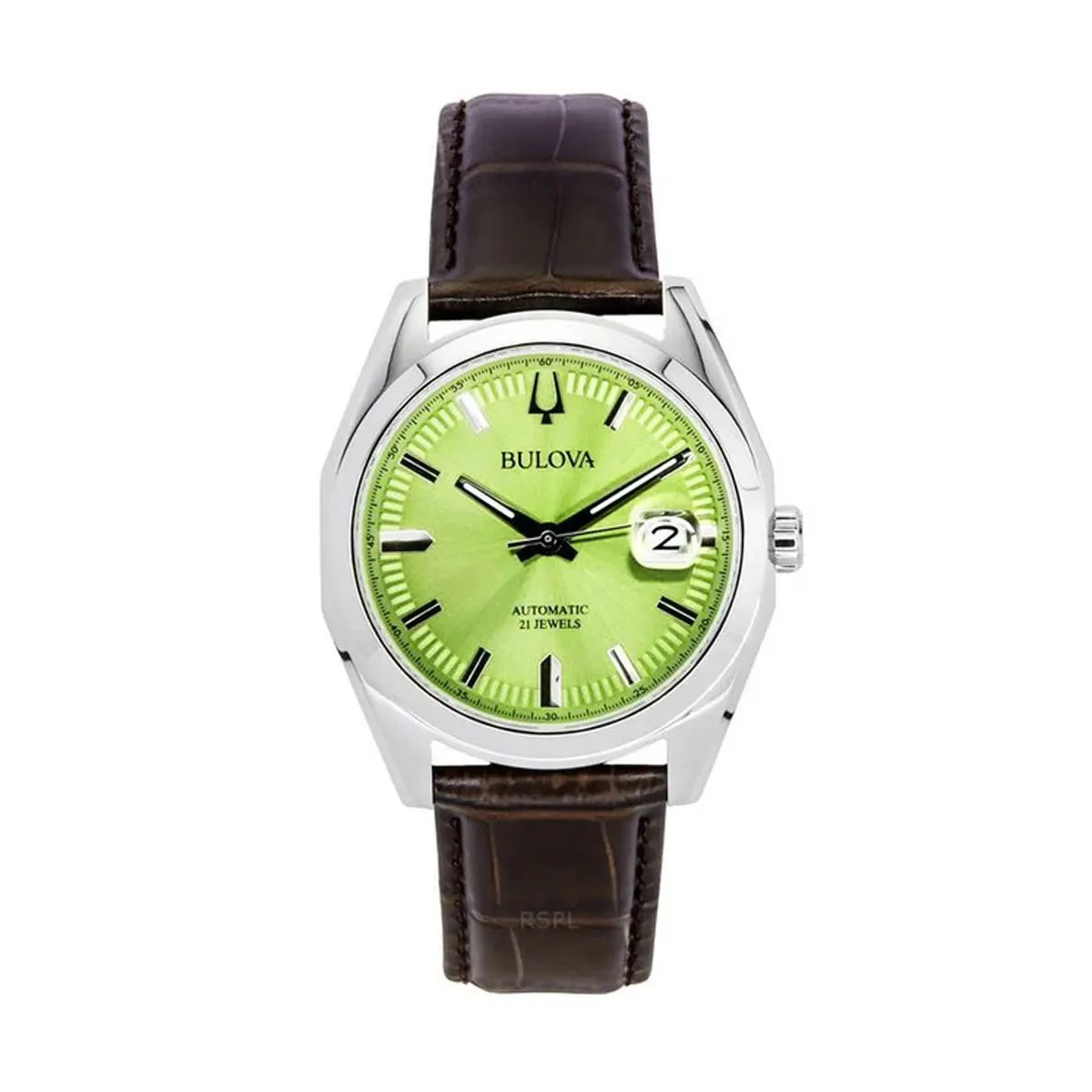 Bulova Surveyor Automatic Green Dial Gents Brown Leather Watch