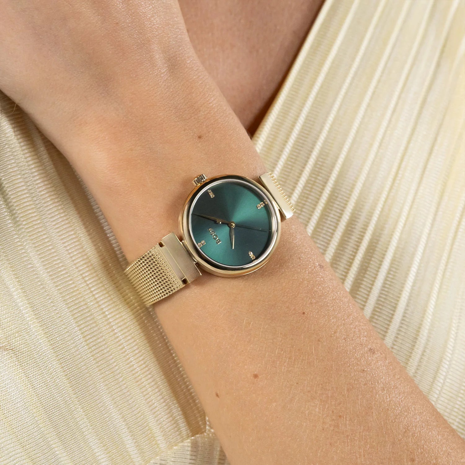 BOSS ROSEHILL GREEN DIAL LADIES GOLD MESH WATCH