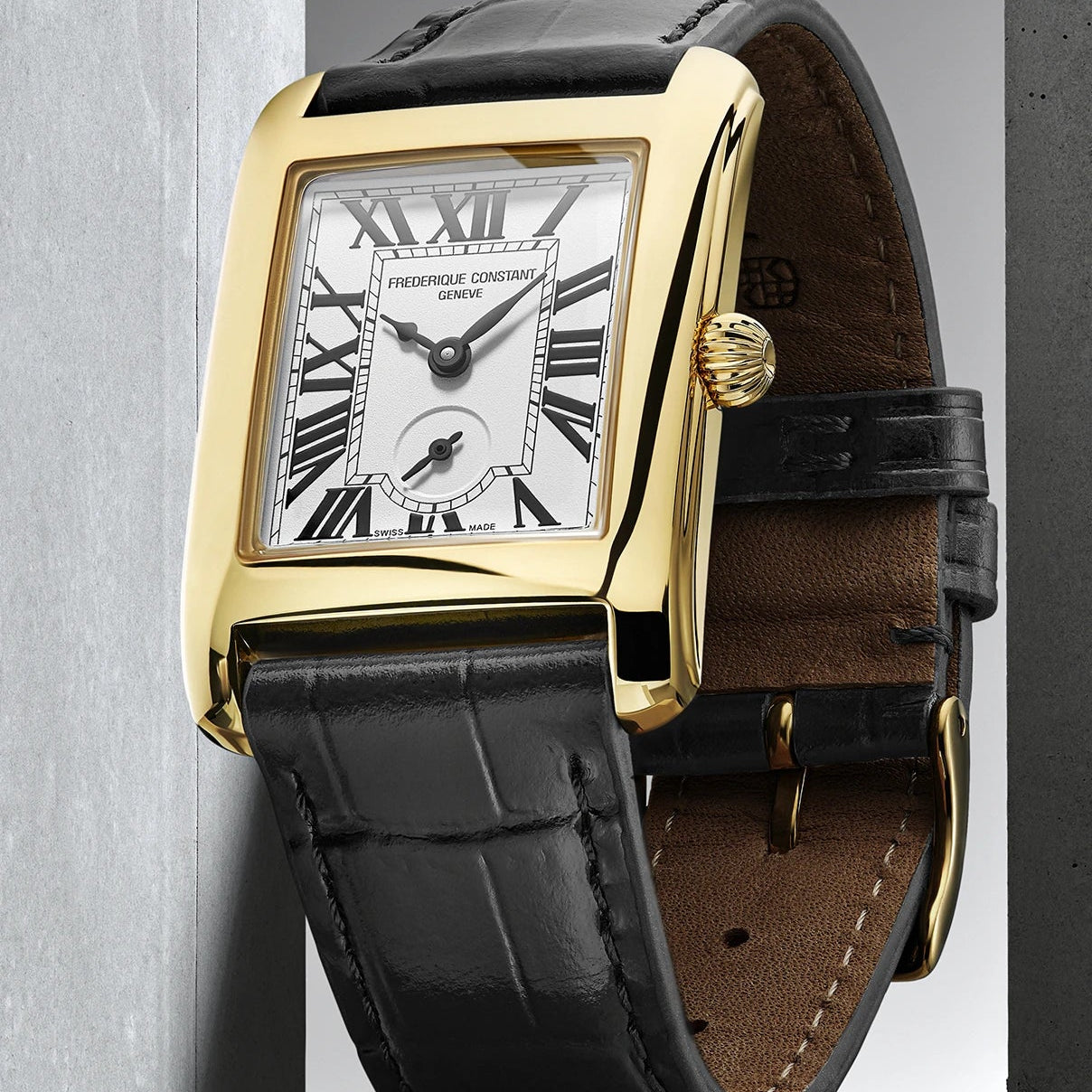 Frederique Constant Classics Carree Small Seconds White Dial Quartz Gents Black Leather Watch
