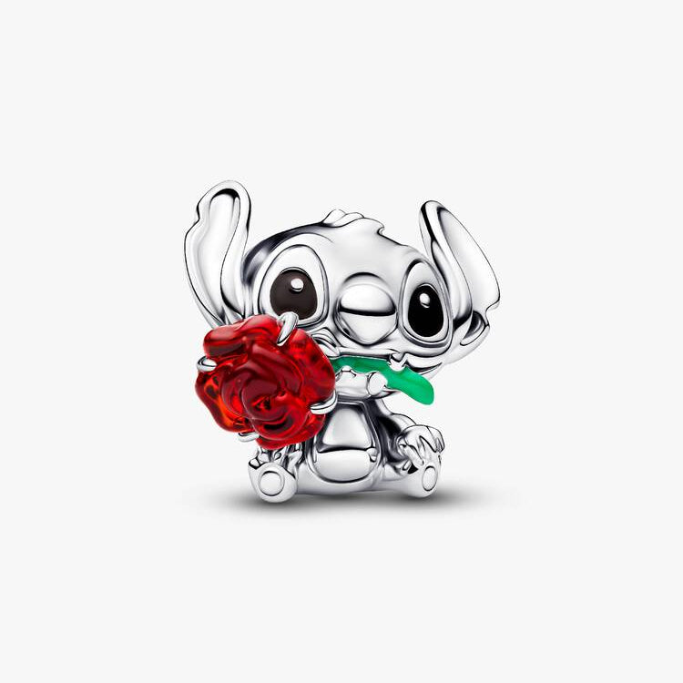 Disney Stitch with Red Murano glass Rose Charm