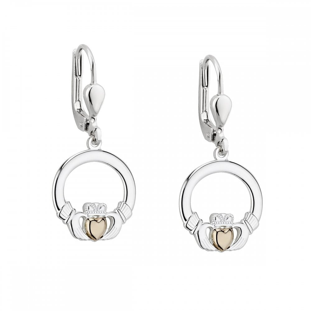 10K GOLD HEART STERLING SILVER CLADDAGH DROP EARRINGS