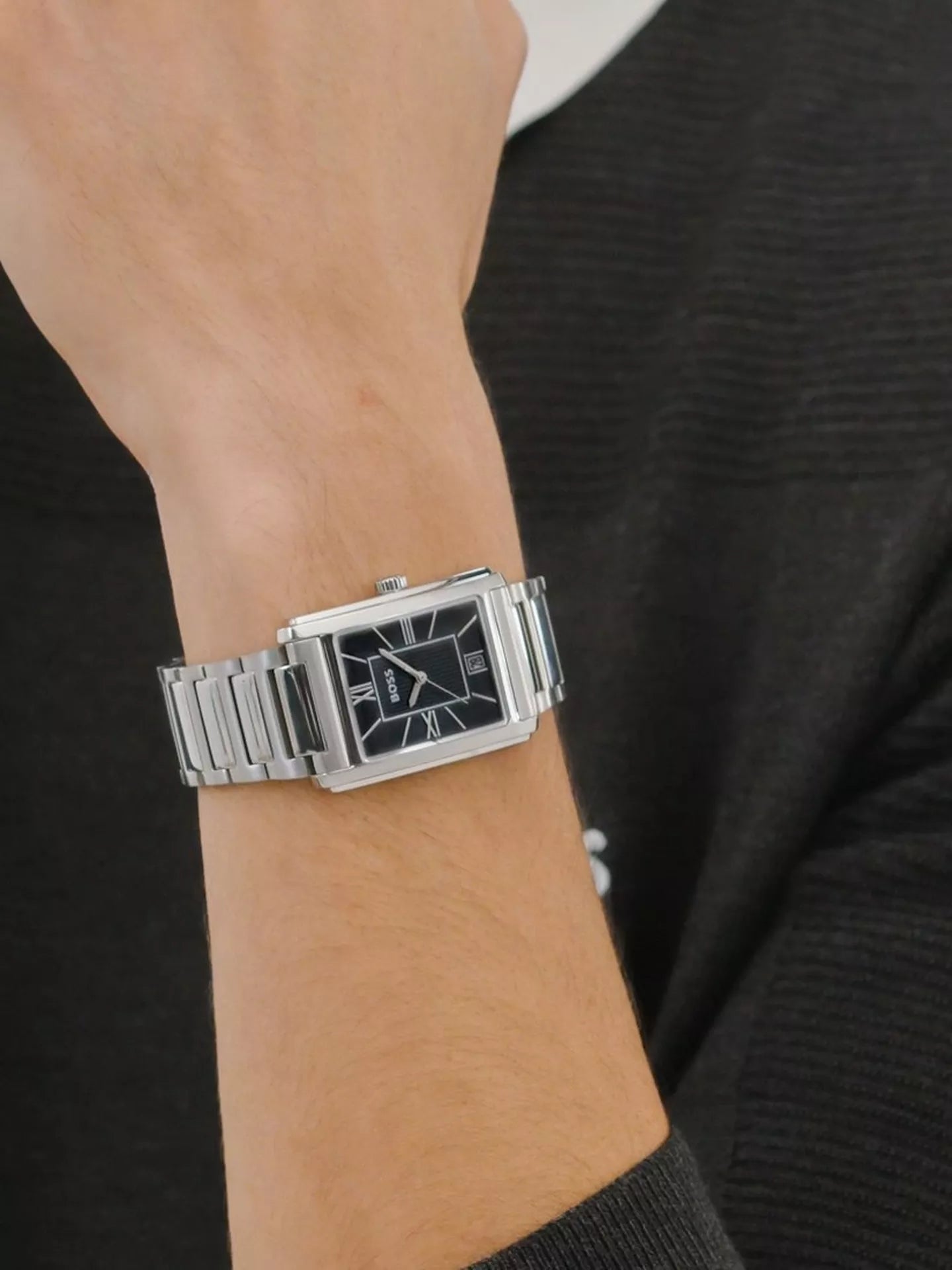 BOSS RECTANGULAR BLACK DIAL GENTS STAINLESS STEEL WATCH