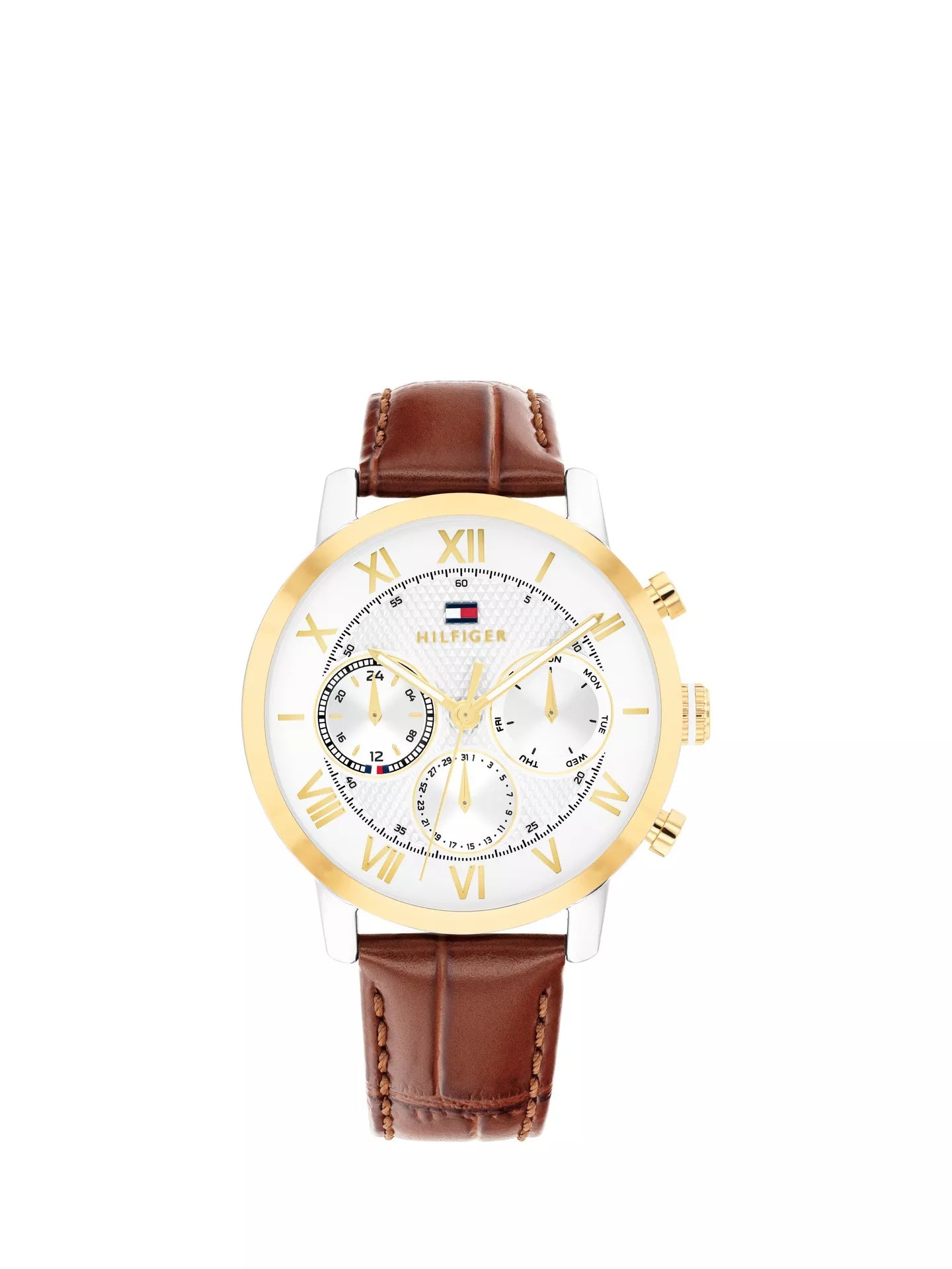 TOMMY HILFIGER GOLD CHRONOGRAPH GENTS BROWN LEATHER WATCH