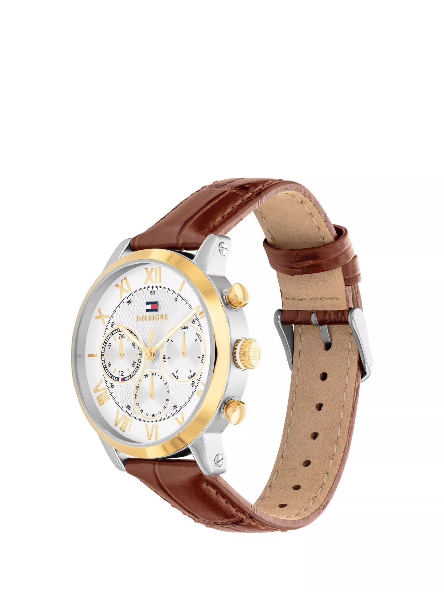 TOMMY HILFIGER GOLD CHRONOGRAPH GENTS BROWN LEATHER WATCH