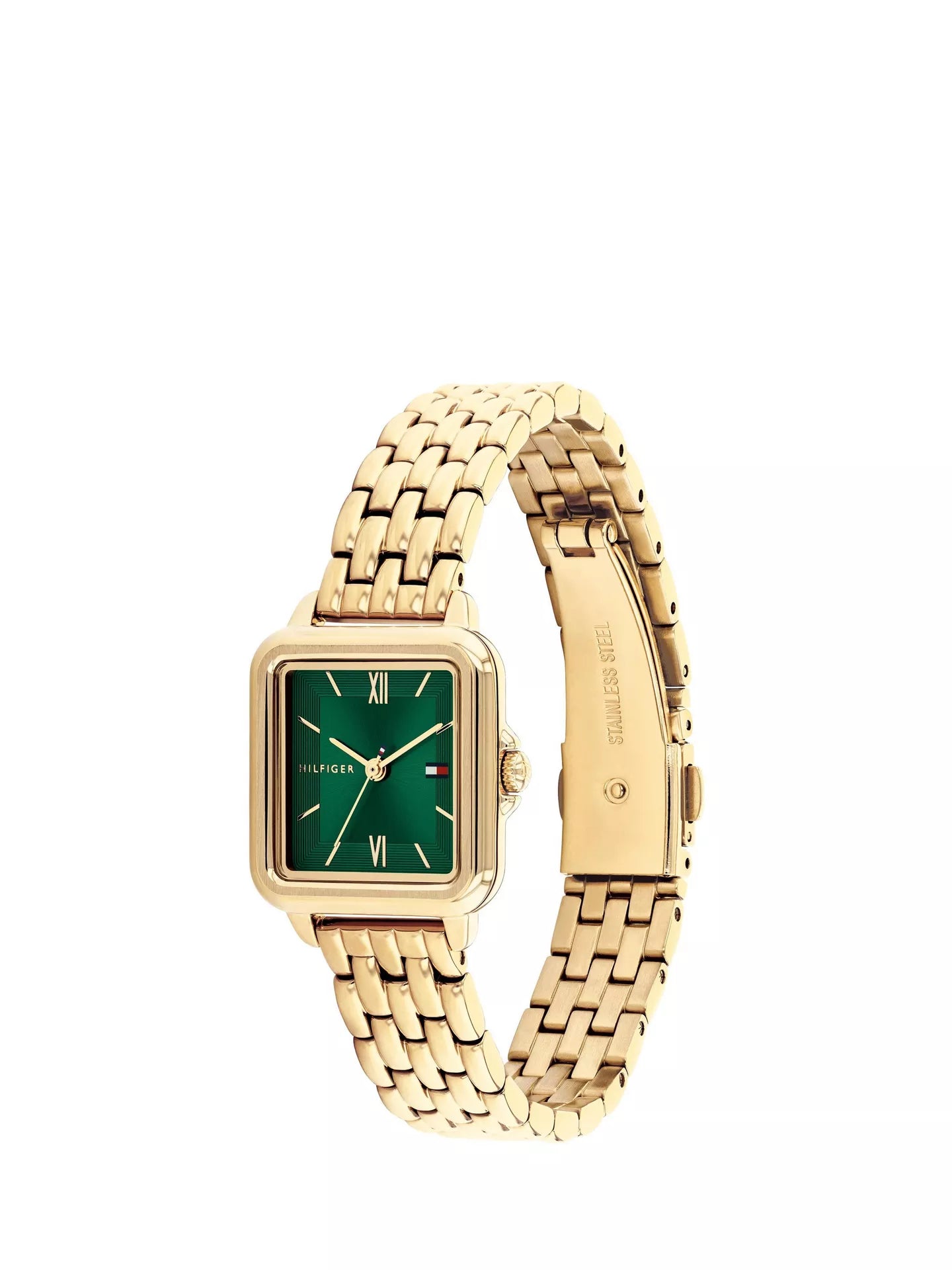 TOMMY HILFIGER GREEN SQUARE DIAL LADIES GOLD STAINLESS STEEL WATCH