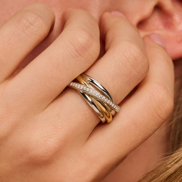 TISENTO TWO-TONED CZ CROSSOVER CHUNKY RING