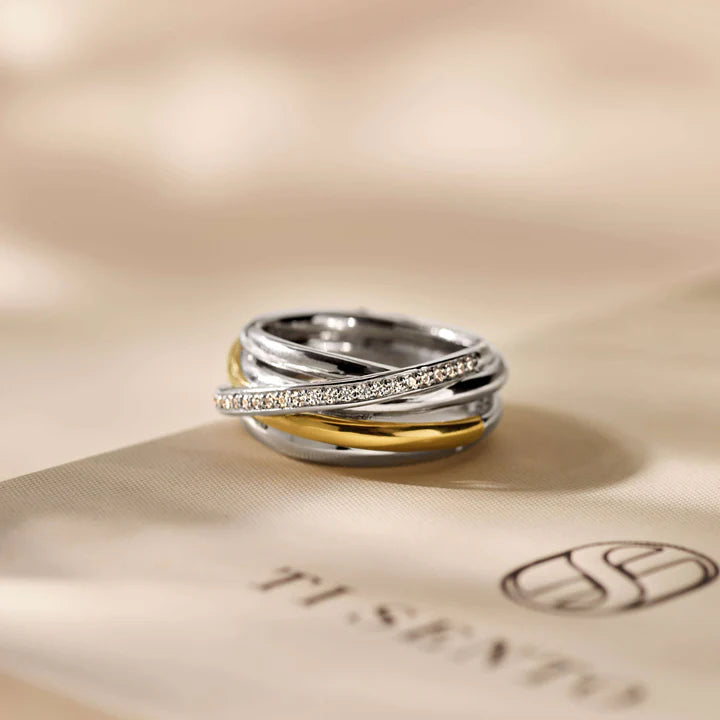 TISENTO TWO-TONED CZ CROSSOVER CHUNKY RING