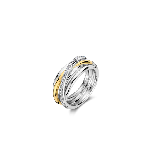 TISENTO TWO-TONED CZ CROSSOVER CHUNKY RING