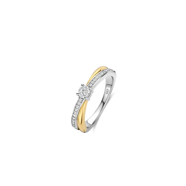 TISENTO TWO-TONED CZ SOLITAIRE TWIST BAND RING