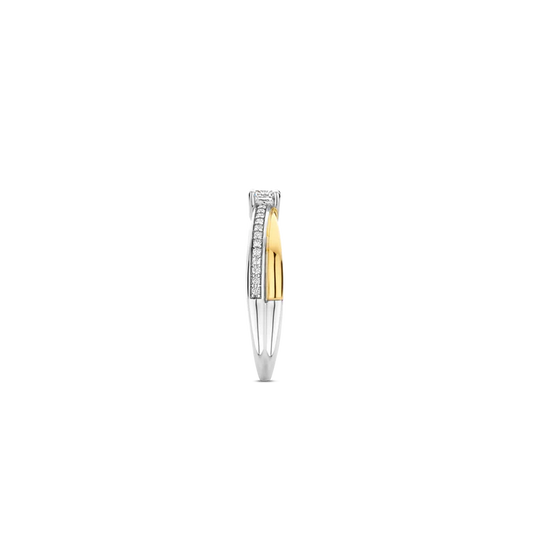 TISENTO TWO-TONED CZ SOLITAIRE TWIST BAND RING