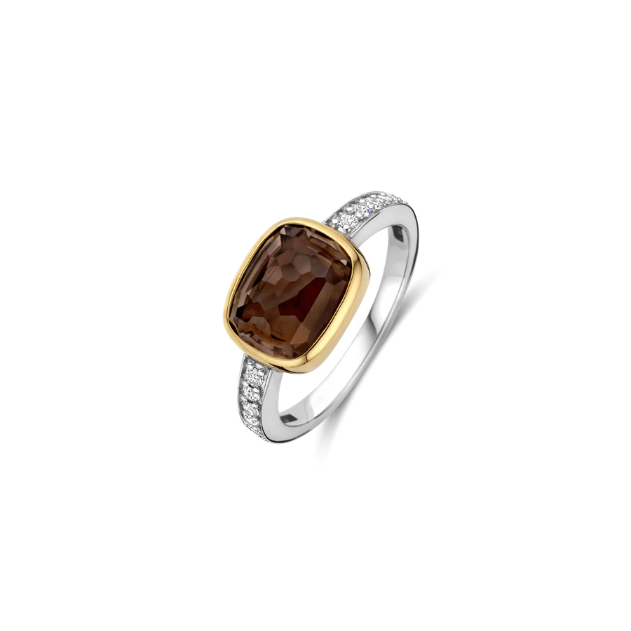 Tisento Smoky Brown Ring with Cubic Zirconia on Shoulders