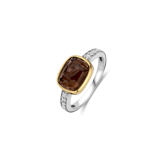 Tisento Smoky Brown Ring with Cubic Zirconia on Shoulders