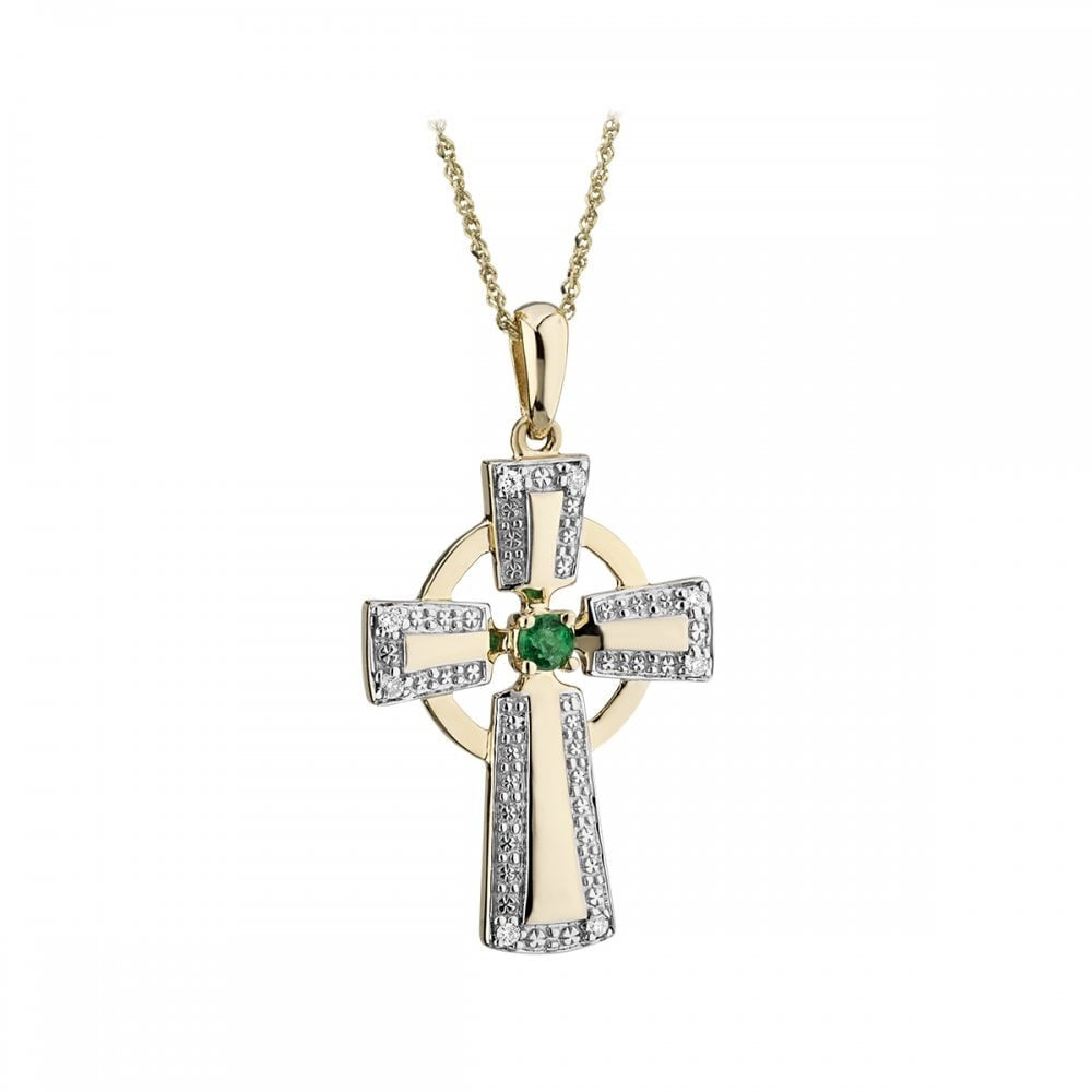 14CT CELTIC CROSS DIAMOND & EMERALD