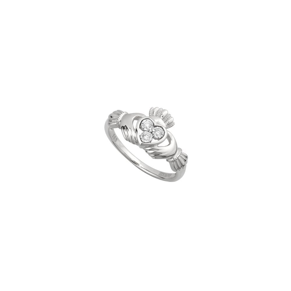 14CT GOLD DIAMOND CLADDAGH RING WITH 3 DIAMONDS
