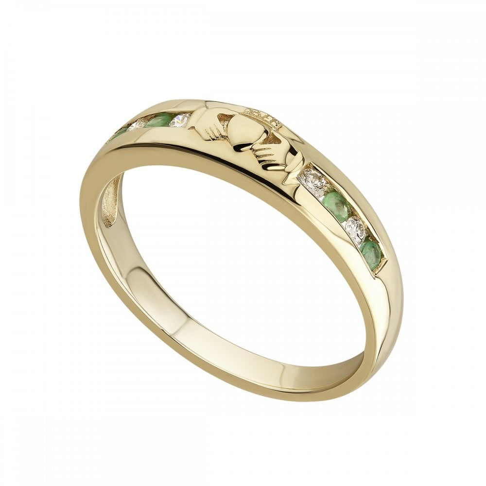 14CT GOLD DIAMOND & EMERALD CLADDAGH RING 0.2CT DIAMOND