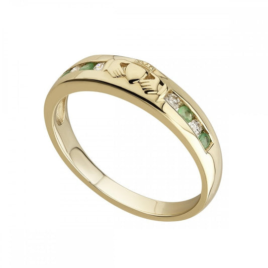 14CT GOLD DIAMOND & EMERALD CLADDAGH RING 0.2CT DIAMOND