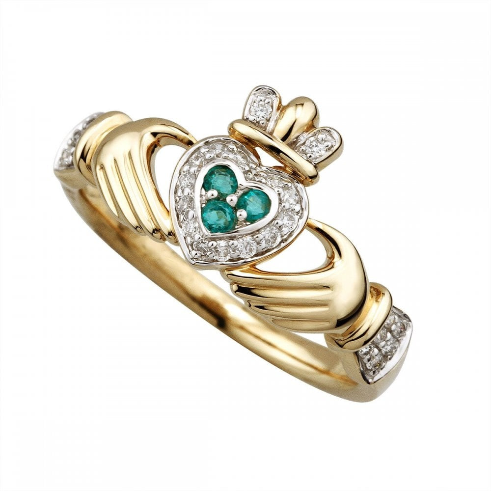 14CT GOLD DIAMOND & EMERALD CLADDAGH RING