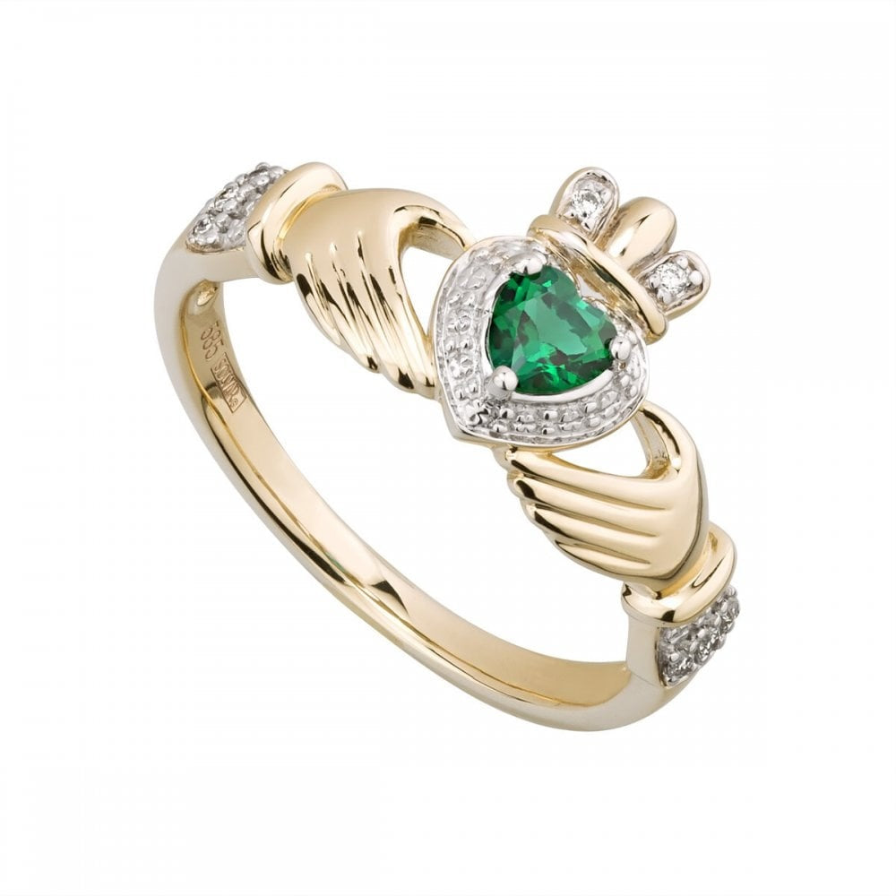 14CT GOLD EMERALD & DIAMOND CLADDAGH RING 