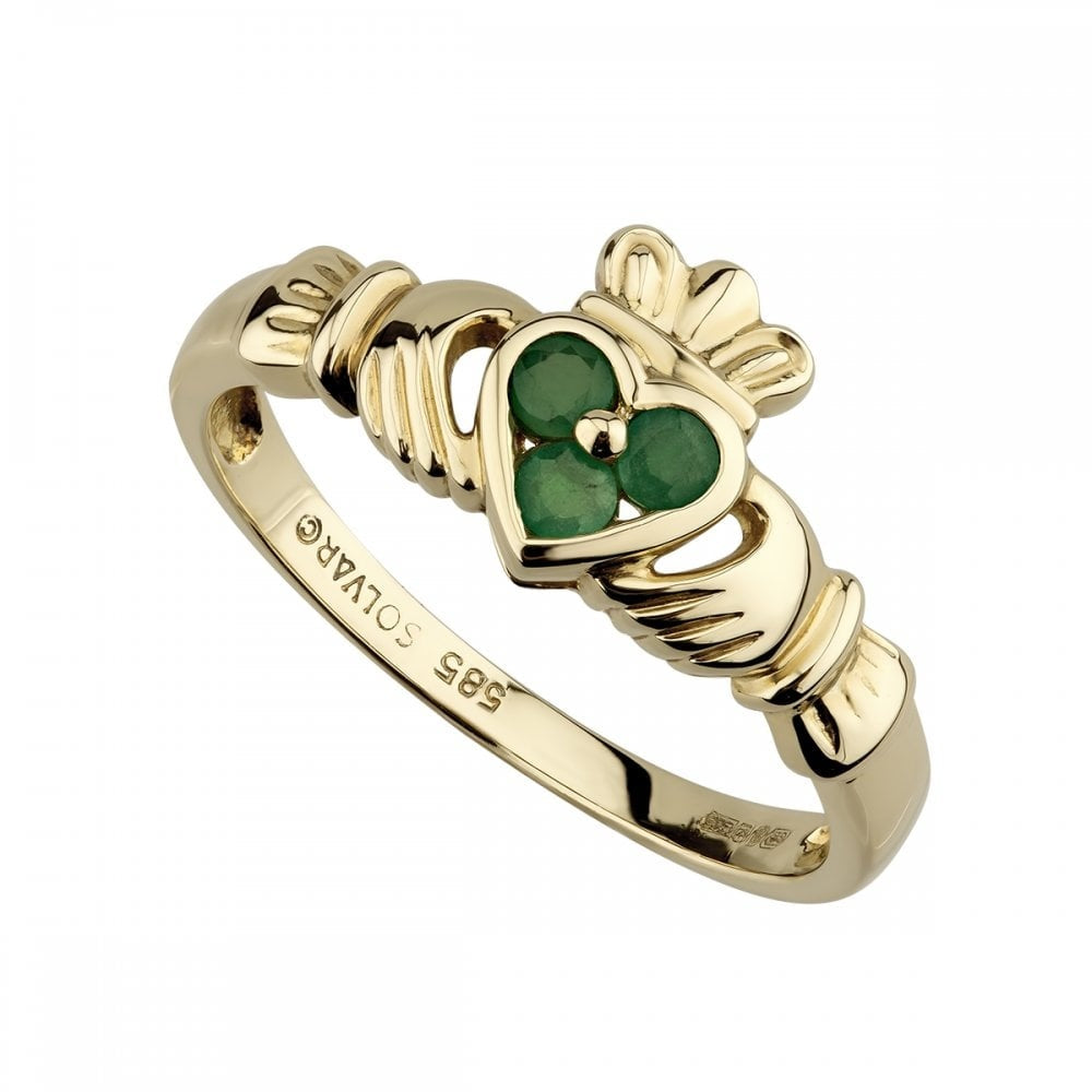 14CT GOLD GENUINE EMERALD CLADDAGH RING