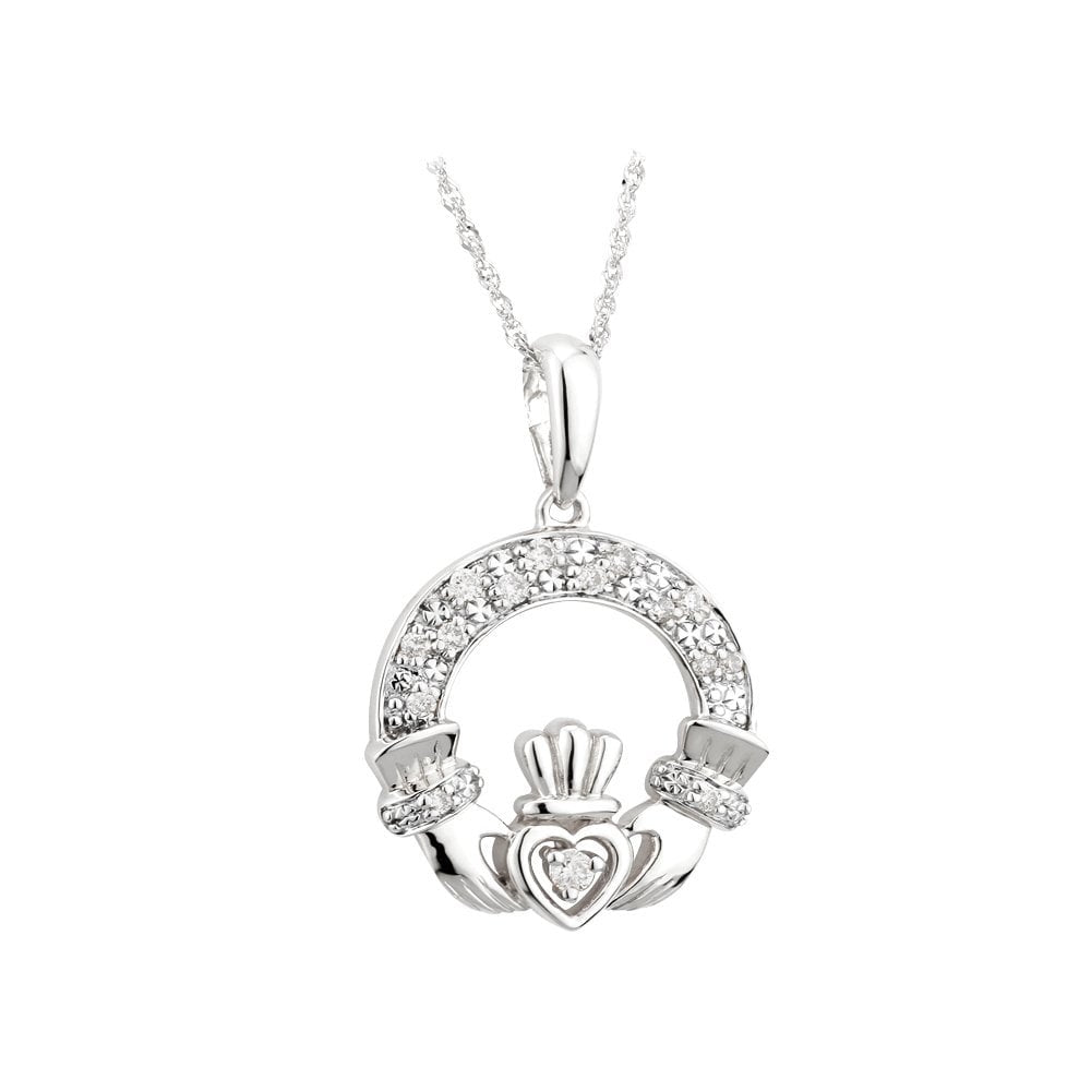 14CT WHITE GOLD CLADDAGH PENDANT DIAMOND