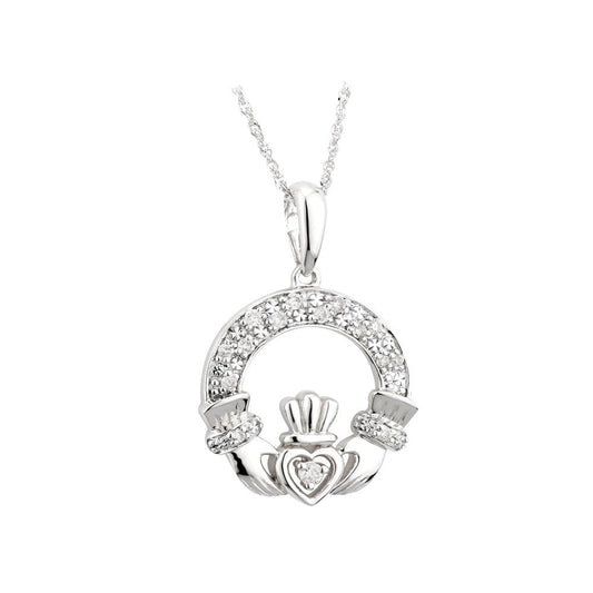 14CT WHITE GOLD CLADDAGH PENDANT DIAMOND