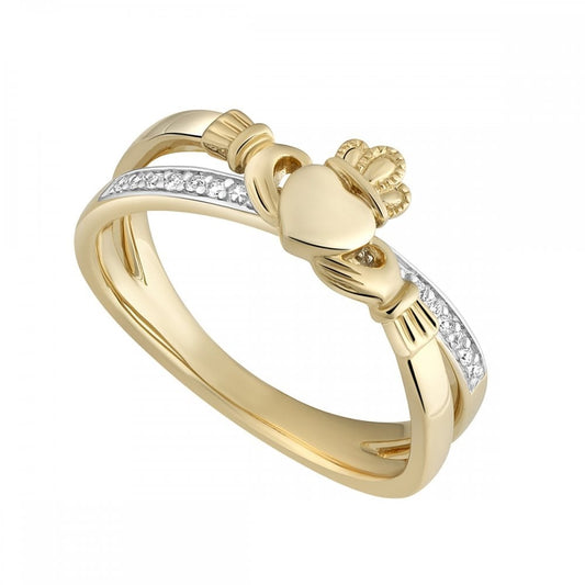 14K DIAMOND CLADDAGH CROSSOVER RING